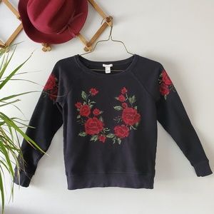 Forever21 Rose Embroidered Crew Neck